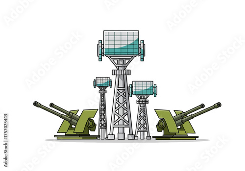 A military base with radar towers and antiaircraft artillery