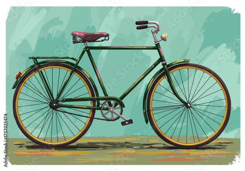 Vintage Green Bicycle with Brown Seat and Yellow Rims Illustration.