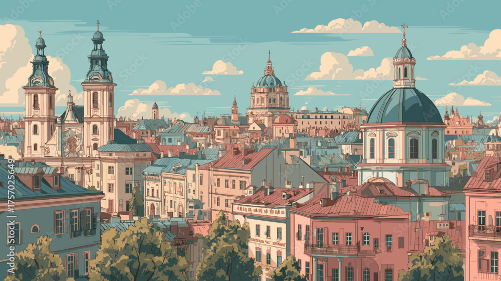 Fototapeta premium Cityscape of lviv, city in Ukraine, attractive touristic advertisement poster, beautiful touristic must-see destination. Beautiful tourist destination, in eastern central europe. Historic buildings, 