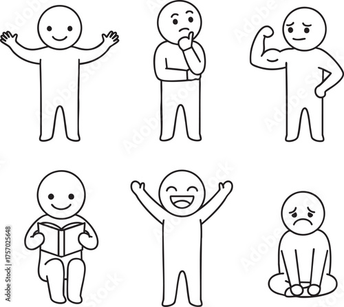 A collection of simple black and white line art cartoon characters expressing different emotions and poses.