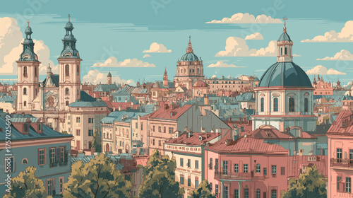  Cityscape of lviv, city in Ukraine, attractive touristic advertisement poster, beautiful touristic must-see destination. Beautiful tourist destination, in eastern central europe. Historic buildings, 