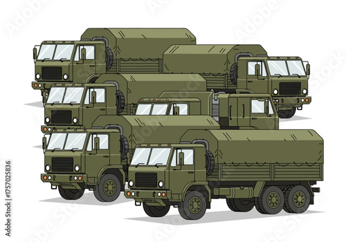 Army trucks in convoy with canvas covers are parked in rows