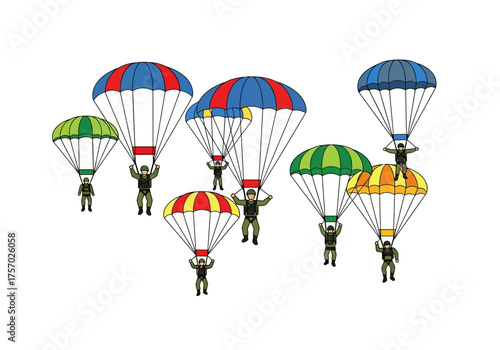 Array of cartoon paratroopers descending with varied colorful parachutes in a white background