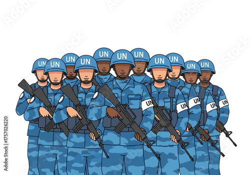 Array of UN soldiers with rifles standing in uniform with helmets