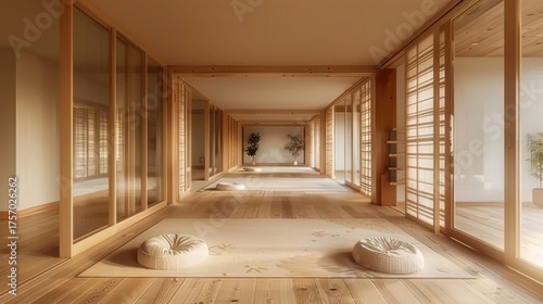 Minimalist Japanese Style Wooden Interior with Sliding Shoji Doors and Tatami Mats