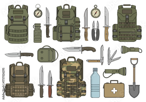 Assorted camping gear backpacks knives compasses multitools water bottles a first aid kit flashlights  a shovel arranged on a white backdrop