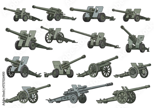 Assorted cannons in varying designs and placements on a white background