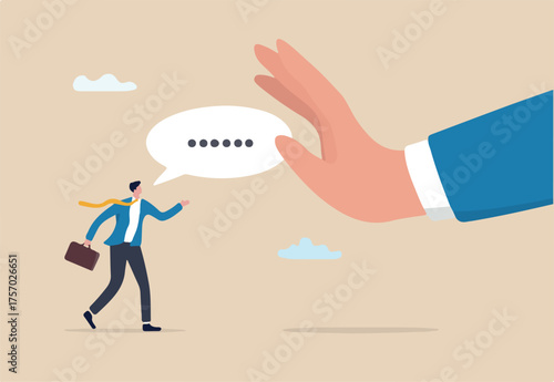 Rejection, decline or refuse in conversation, say no or disapprove, disagreement, deny request or manager decision authority, work conflict concept, businessman hand reject or deny employee request
