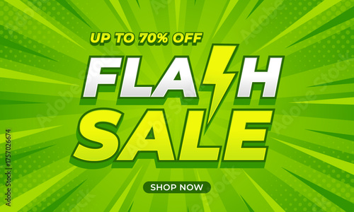 Abstract green comic sunburst background with halftone, Flash Sale banner template design, up to 70% off, suitable for sales promotion, marketing ads, e-commerce, events, pages, and websites