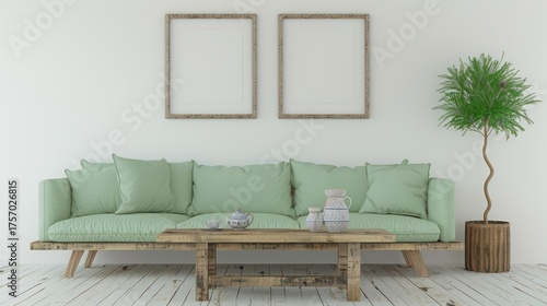 Minimalist Light Green Sofa Living Room with Wooden Coffee Table and Potted Tree