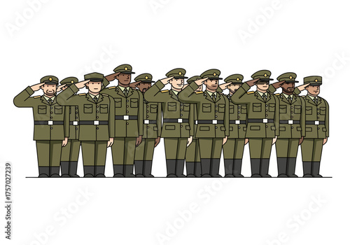 Cartoon illustration of soldiers in uniform standing in line and saluting