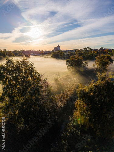 Aerial View toward St. Mary’s Church in Greifswald on a Misty Autumn Morning
