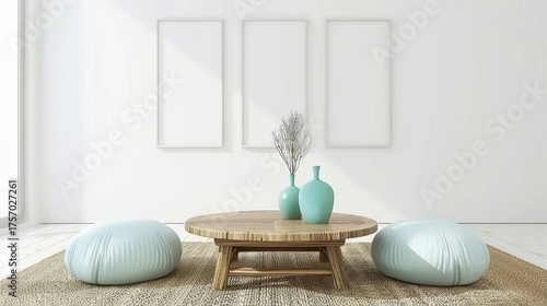 Minimalist Light Living Room with Low Wooden Table and Soft Blue Poufs