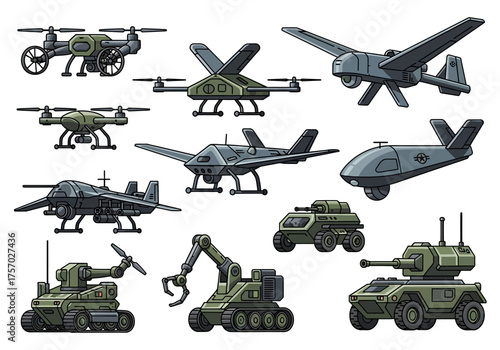 Digital drawing displays various military drones and groundbased robotic vehicles on a white backdrop