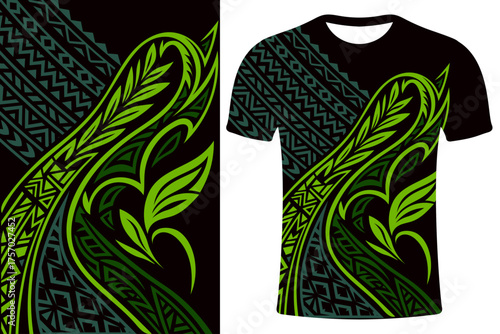 Polynesian, Hawaii, South American, Fiji, Island T shirt template vector with Green Tribal Flow with Organic Leaf Motifs, Modern Jersey Vector, Sport fashion background, Tribal Tattoo-Inspired Jersey.