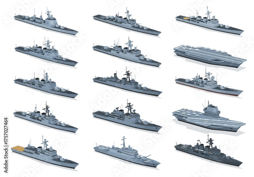 Collection of stylized warship icons in varying designs arranged in a grid format