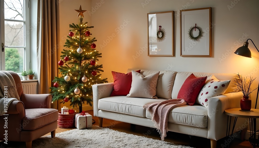 Naklejka premium Cozy living room decorated for Christmas with a beautifully adorned tree, soft blankets, and festive pillows, perfect for christmas and boxing day