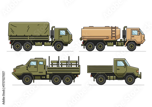 Four military truck vector illustrations in olive green and tan