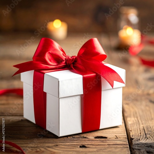 White gift box with a red ribbon and bow