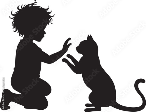 Black silhouette of a child playing with a cat girl