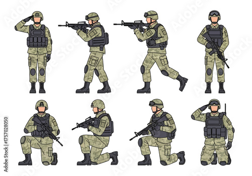 Group of armed soldiers in various positions wearing camouflage uniforms