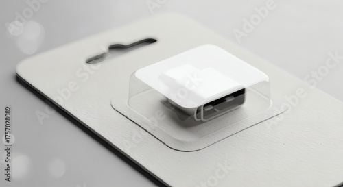 Close-up macro shot of a biodegradable blister packaging mockup for an electronics accessory with transparent film and blank white card backing. Even lighting for clarity concept