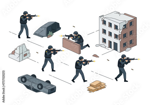 Isometric scene of armed figures in tactical gear near rubble a flipped car and a damaged building