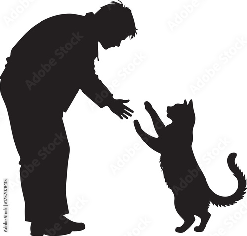 Black silhouette of a person reaching out to a cat standing on hind legs
