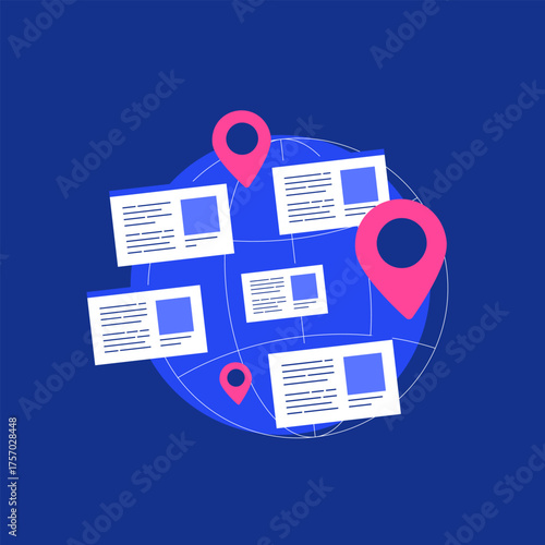 Global news map - pins pink markers on blue world globe with browser-like windows for international stories, perfect for media coverage and digital journalism visuals. Vector illustration