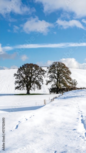 Winter landscape with two trees against a blue sky