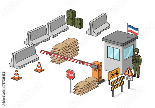 Military checkpoint with barriers sandbags guard booth soldier and warning signs