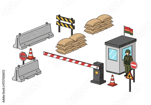 Military checkpoint with sandbags barriers guard booth and soldier with signs