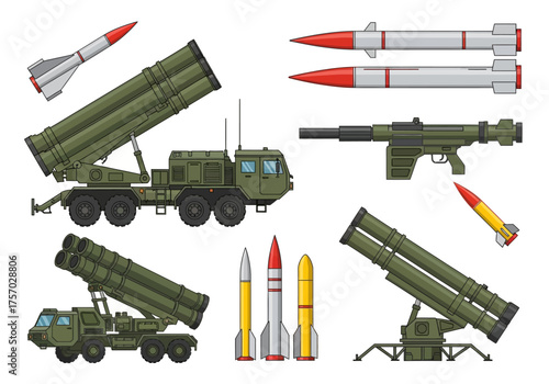 Military hardware showcase trucks missile launchers rockets displayed