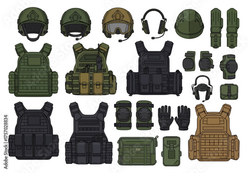 Military tactical gear display helmets vests kneepads gloves and pouches