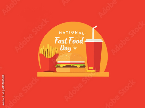 National Fast Food Day illustration with burger, fries, and drink on red background.