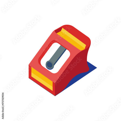 Red and yellow isometric pencil sharpener on a blue base
