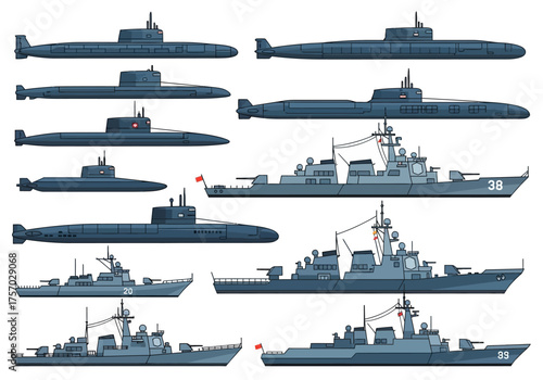 Naval vessels Various submarines  warships shown as pixelated side profiles