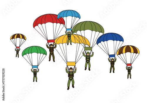 Parachuters descend each beneath uniquely colored parachutes holding control bars