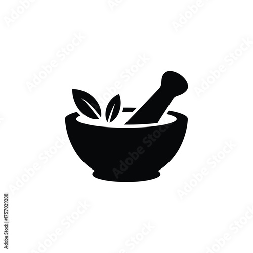 Mortar and pestle with herbs icon symbol