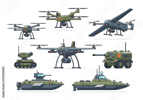 Pixelated army vehicles  drones including tanks  boats shown on a white background