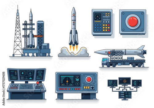 Rocket launch elements a rocket on a launchpad in flight control panels a big red button  rockettransport vehicle