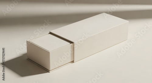 Photorealistic rectangular product box mockup with a sleeve partially slid out on a neutral cream background, angled side lighting.