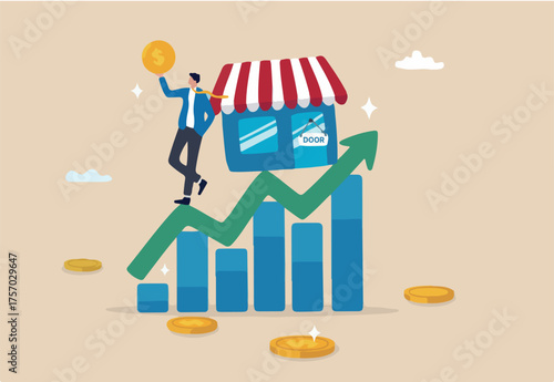 Success small business, entrepreneur growing retail store, marketing growth, business owner or sale and merchandise concept, businessman entrepreneur business owner on growing graph and chart