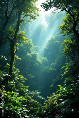 Lush Green Forest Canopy with Sunlight Bursting Through the Trees