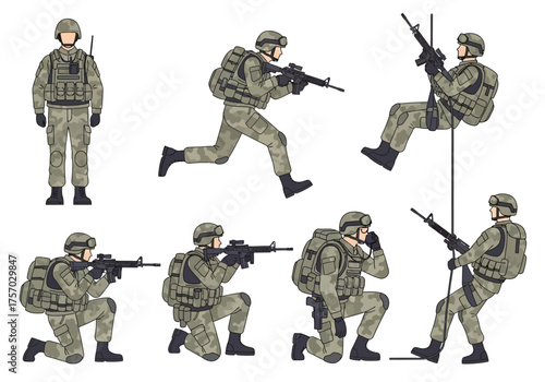 Six soldiers depicted in action poses wearing military gear and holding rifles