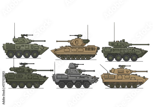 Six tanksmilitary vehicles in assorted colors side view displayed against a white backdrop