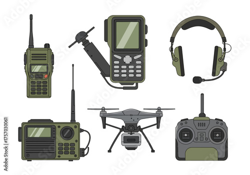 Tactical gear layout radios drone headset  remote control in olive  gray