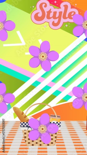 Animation of purple flowers, style texts, bread, hotdog, sandwich, tomatoes over abstract background