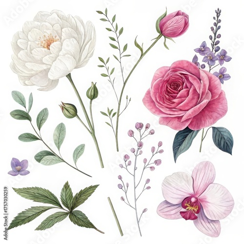 Wallpaper Mural Watercolor floral collection with roses, peony, orchid, and lavender isolated on white background Torontodigital.ca