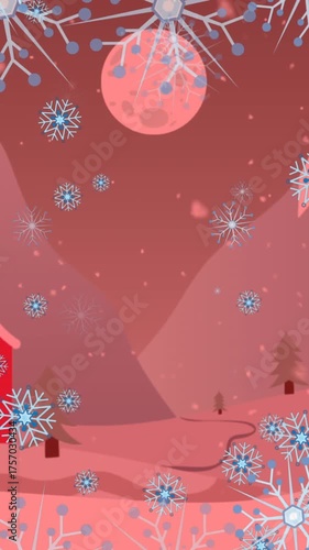 Animation of snow falling over christmas decoration and pattern